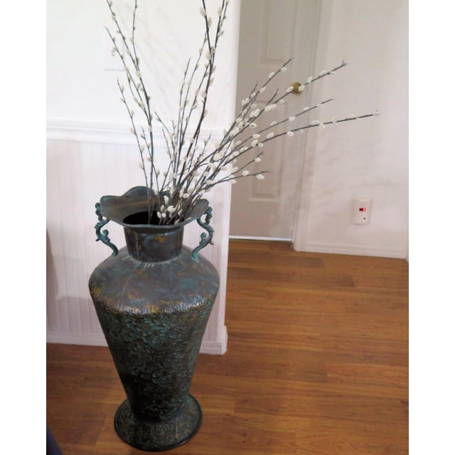 Large Italian Style Decorative Hammered Turquoise Metal Urn For Sale In Boise - Image 6 of 6
