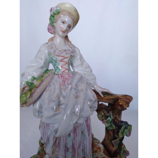 Antique German Rococo-Style Hand-Painted Porcelain Figurine of a Lady With a Basket and Puppy For Sale - Image 4 of 5