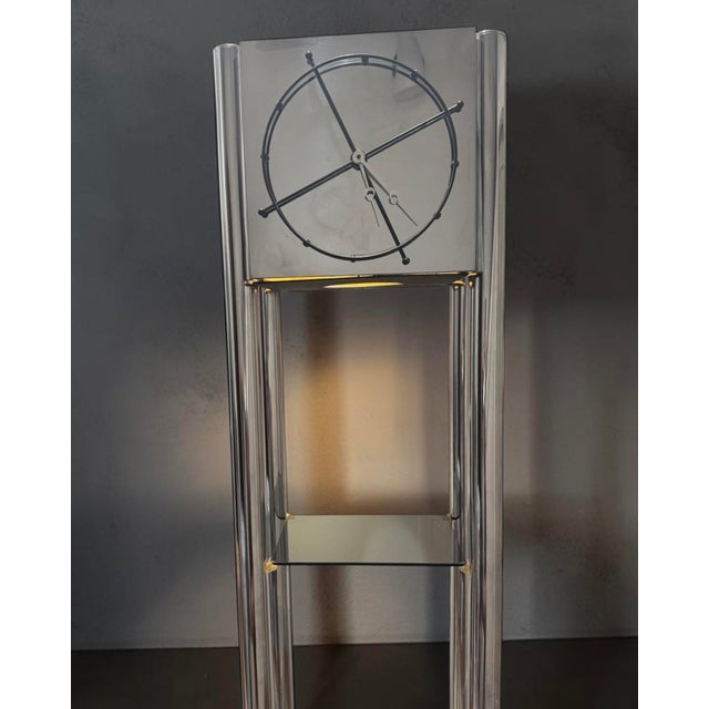 Mid Century Chrome Tubular Grandfather Clock – Lighted Étagère – Smoked Glass Shelves – 72" Chrome tubular floor clock...