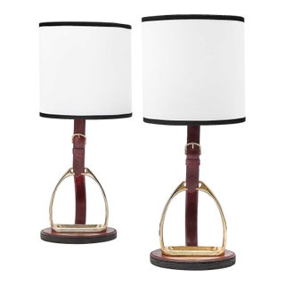 Pair of Longchamp Paris Gilt-Metal and Leather Equestrian Themed Table Lamps - Mid 20th Century For Sale