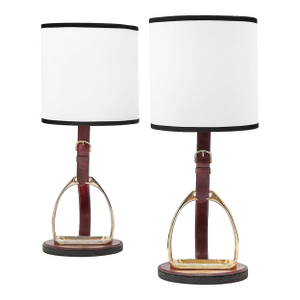 Pair of Longchamp Paris Gilt-Metal and Leather Equestrian Themed Table Lamps - Mid 20th Century