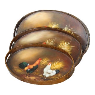 Set of 3 Vintage Hand Painted Wood Nesting Trays W/ Chickens and Roosters For Sale
