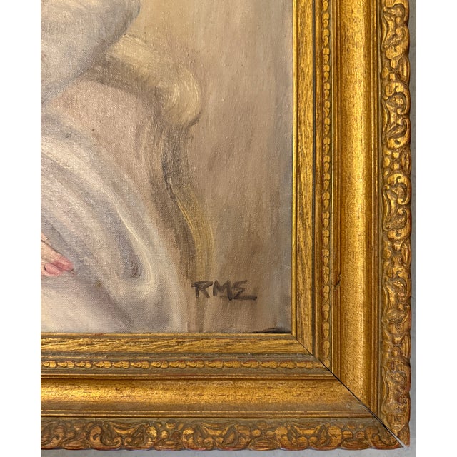 Large midcentury woman portrait. This oil on canvas, likely from the 1960s, features a blonde woman in a light gray dress...