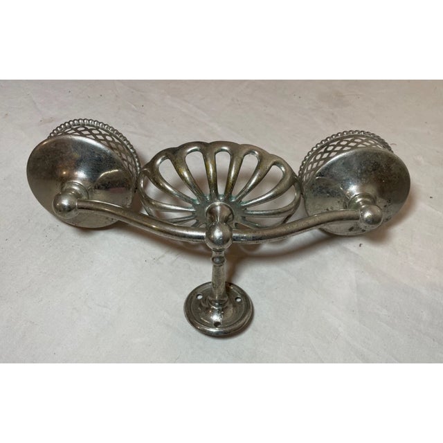 1920s Antique Industrial Nickel Plate Brass Bathroom Wall Fixture Soap Dish Cup Holder For Sale - Image 5 of 9