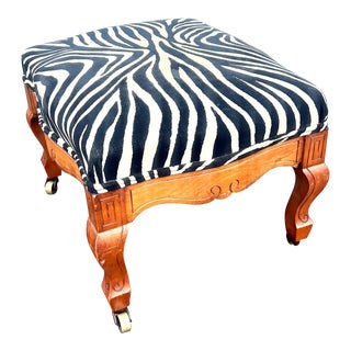 Early 20th Century Wooden Footstool With Zebra Print Designer Upholstery For Sale