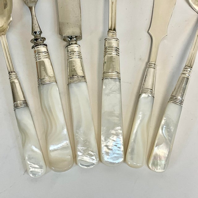 1920s Antique English Hollywood Regency Mother of Pearl Sterling Silver Serving Utensils - Set of 6 For Sale - Image 6 of 10