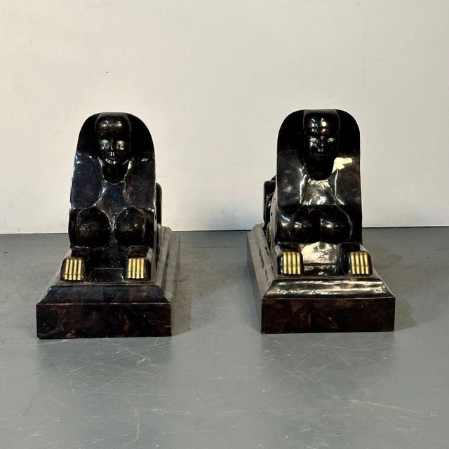 1960s Pair of Maitland Smith Tessellated Egyptian Seated Sphinxes, Entryway For Sale - Image 5 of 12