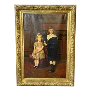 Palatial 19th Centur Oil on Canvas of a Portrait of Siblings Signed J. Peellaert
