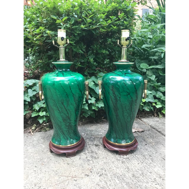Wood Faux Malachite Ginger Jar Lamps - a Pair For Sale - Image 7 of 7