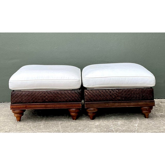 Infuse your living space with the sophisticated coastal elegance of these vintage woven rattan ottomans. Drawing...