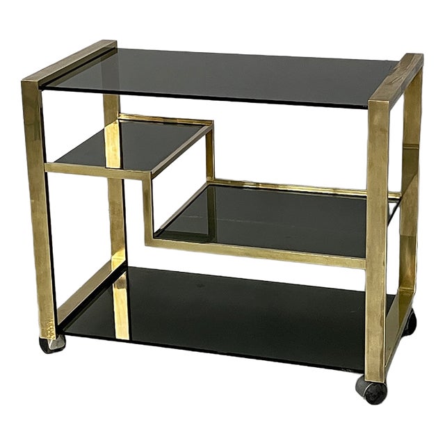 Italian Modern Brass and Smoked Glass Bar Cart, 1970s For Sale
