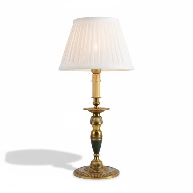 Vintage Brass Candlestick Table Lamp with Pleated White Shade, 1960s For Sale - Image 14 of 14
