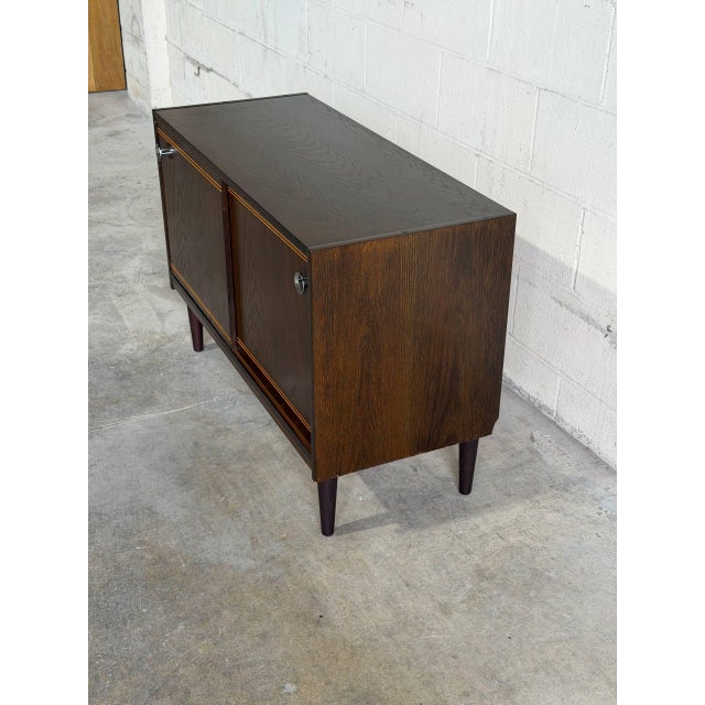 Mid-Century Modern Vintage Danish Modern Stained Oak Sliding Door Cabinet Credenza For Sale - Image 3 of 9