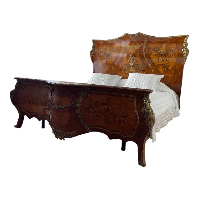 Bombe Louis XV Marquetry Mahogany / Walnut King Bed / Gilt Bronze For Sale