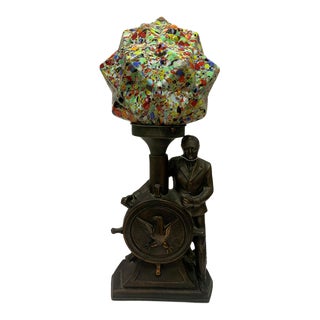 Vintage Navy Figural Nautical Table Lamp With Multi Color Arts and Crafts Glass Shade For Sale