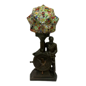 Vintage Navy Figural Nautical Table Lamp With Multi Color Arts and Crafts Glass Shade