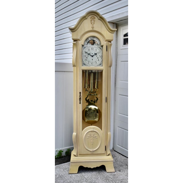Vintage Sligh Carved Venetian Style Distressed Whitewash Grandfathers Clock For Sale - Image 11 of 12
