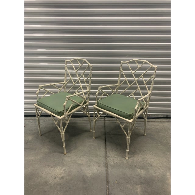 Vintage Pair of 1960’s Faux Bamboo Chippendale Style Metal Garden Chairs in Original Upholstery.