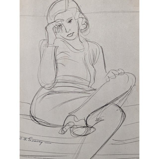 Mid-Century Seated Figure Study by Clyde F. Seavey, Ink on Paper, 1940s, Framed For Sale - Image 4 of 4