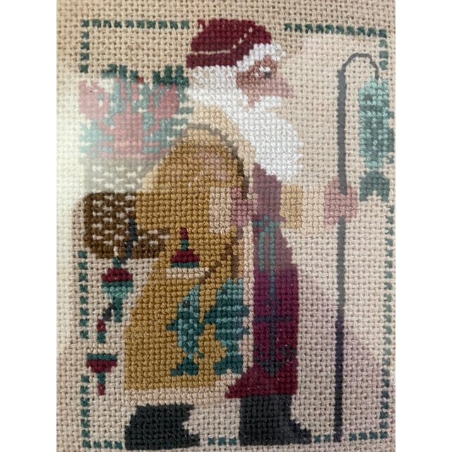 Vintage Christmas Santa Claus Counted Cross Stitch Needlepoint Framed Wall Art For Sale - Image 4 of 6