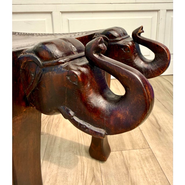 Vintage Indian Hand-Carved Solid Wood Elephant Bench For Sale - Image 12 of 12
