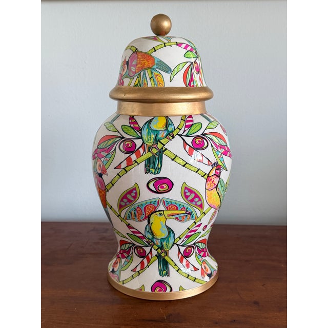 Palm Beach Style Decorative Ceramic Ginger Jar- Tropical Theme Hot Pink, Green With Gilt Accents For Sale - Image 11 of 12