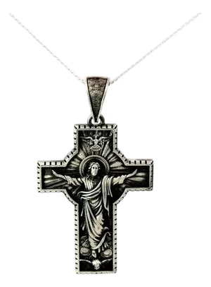Engraved Holy Jesus on Cross Charm Pendant in Solid Silver Gift for Him