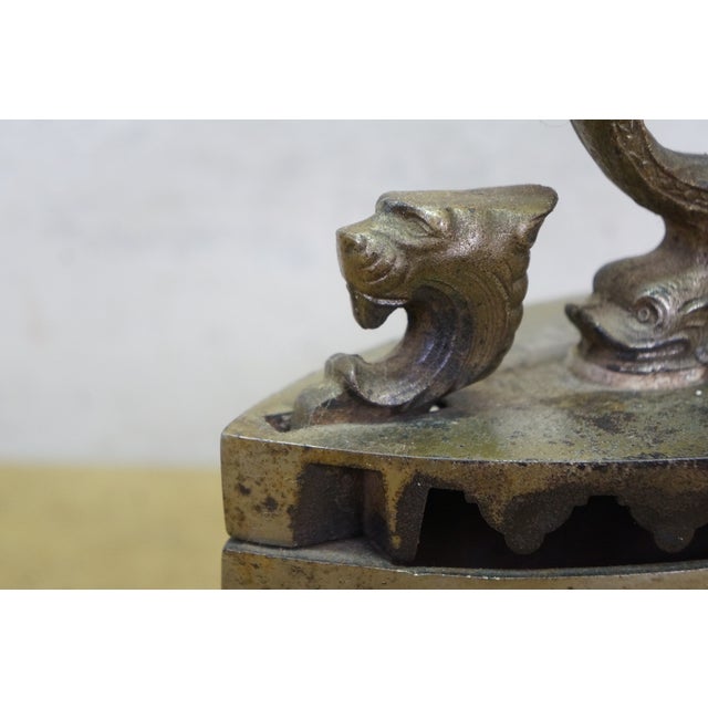 Antique Lion Head Delphin Dolphin Coal Brazier Clothing Iron & Trivet 9" For Sale - Image 4 of 18