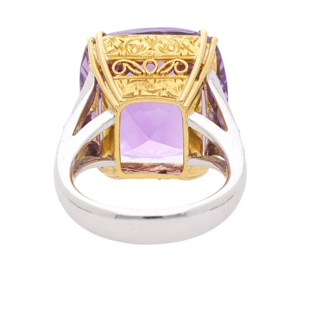 Mid 20th Century 22.48 Carat Cushion Checkerboard Amethyst & Diamond Filigree 18k Two Tone Ring, Size 8 For Sale - Image 4 of 7