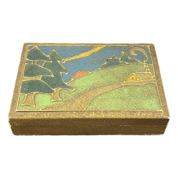 Mid Century Lidded Wood Box - Stylized Landscape Scene and a Little House For Sale