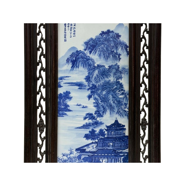 Oriental Blue White Tree Mountain Scenery Porcelain Framed Wall Panel Art For Sale - Image 9 of 11