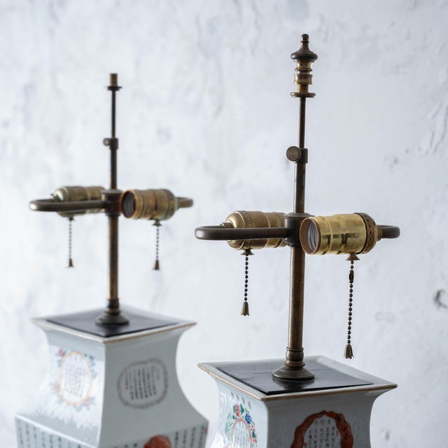 19th Century Chinese Famille Rose 'Wu Shuang Pu' Square Vase Lamps - a Pair For Sale - Image 17 of 18