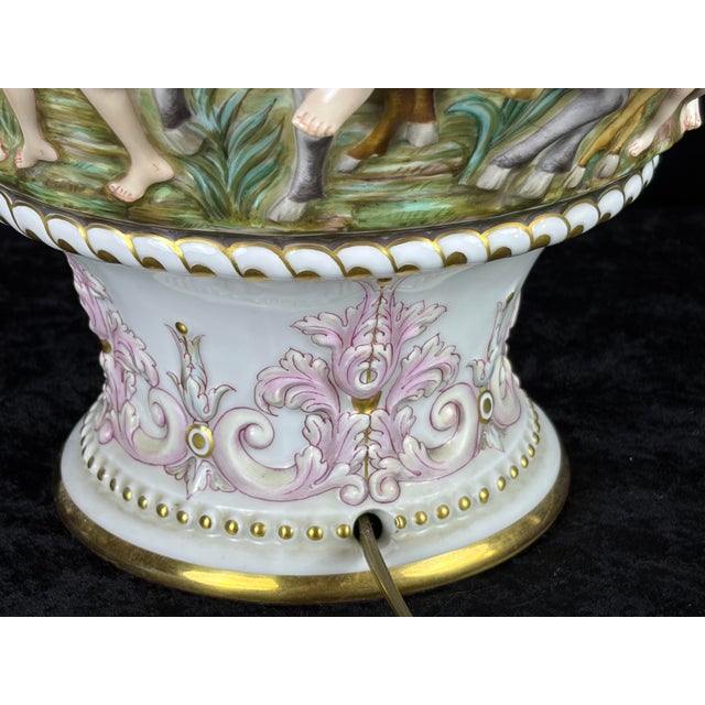 Metal Vintage Italian Capodimonte Porcelain Table Lamp With Custom Fringe Shade - Mythological Bas Relief For Sale - Image 7 of 13