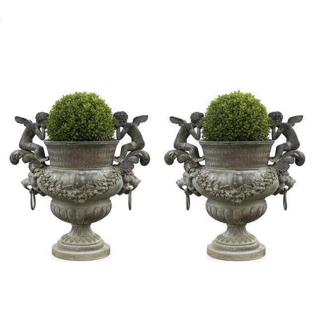Neoclassical 1970s Pair of Monumental Neoclassical Bronze Cherub Urn Planters For Sale - Image 3 of 10