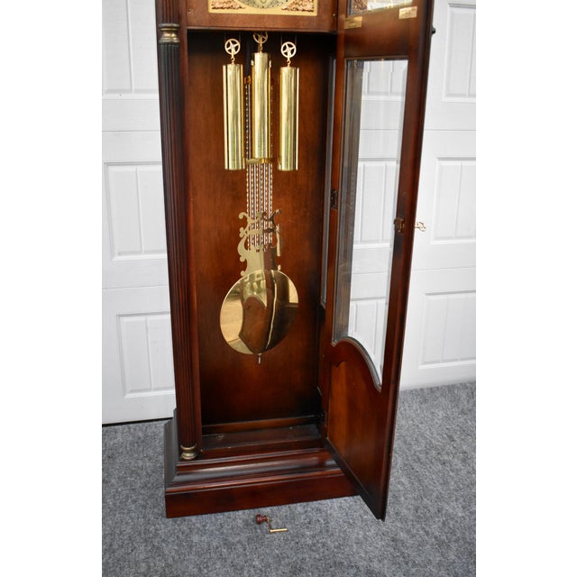 Howard Miller Mahogany Grandfather Clock Triple Chime Mechanical Floor Clock 80s For Sale - Image 11 of 16