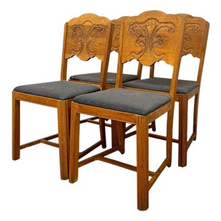Vintage Set of 4 Carved Dining Chairs With Upholstered Seats For Sale