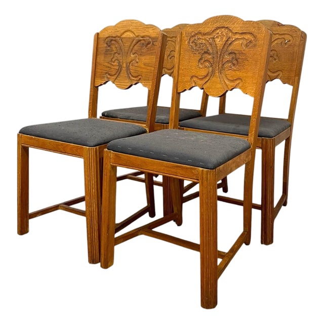 Vintage Set of 4 Carved Dining Chairs With Upholstered Seats For Sale