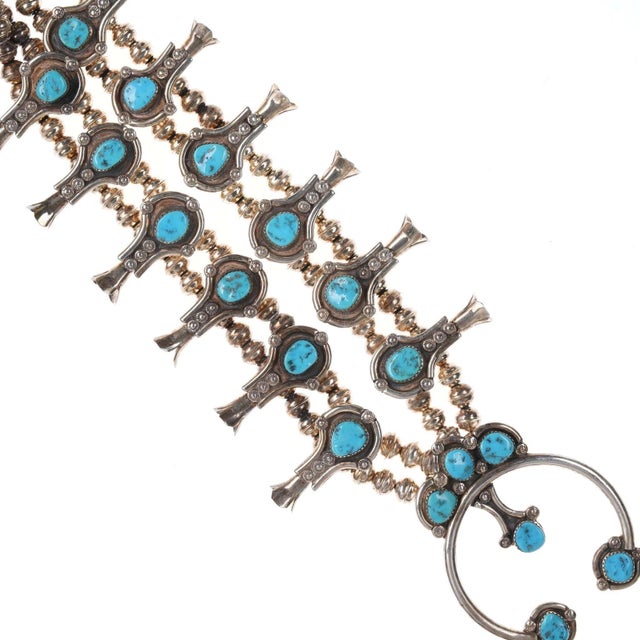 Native American Vintage Navajo Silver and Turquoise Squash Blossom Necklace For Sale - Image 3 of 5