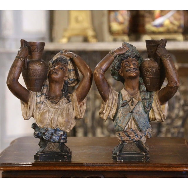 Early 20th Century Pair of Early 20th Century Spanish Painted Terracotta Figurines For Sale - Image 5 of 10