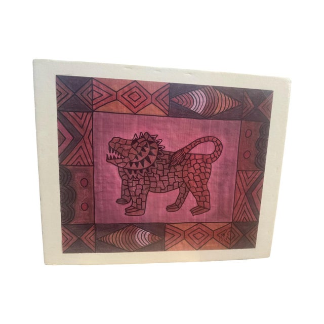 Original oil pastel/mixed media painting of African FolkArt . Features a stone lion center with patterned tile border....