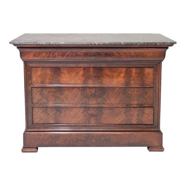 French Louis Philippe Flame Mahogany Marble Top Commode, Mid-19th Century For Sale
