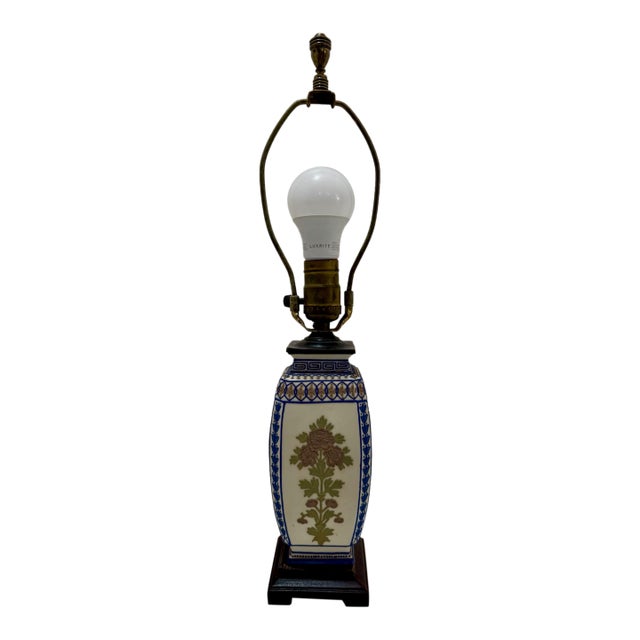 Vintage Blue and White Floral Porcelain Table Lamp on Wood Base For Sale