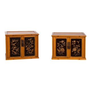 Two Chinese Qing Dynasty Fruitwood Side Cabinets with Carved Décor, Sold Each For Sale