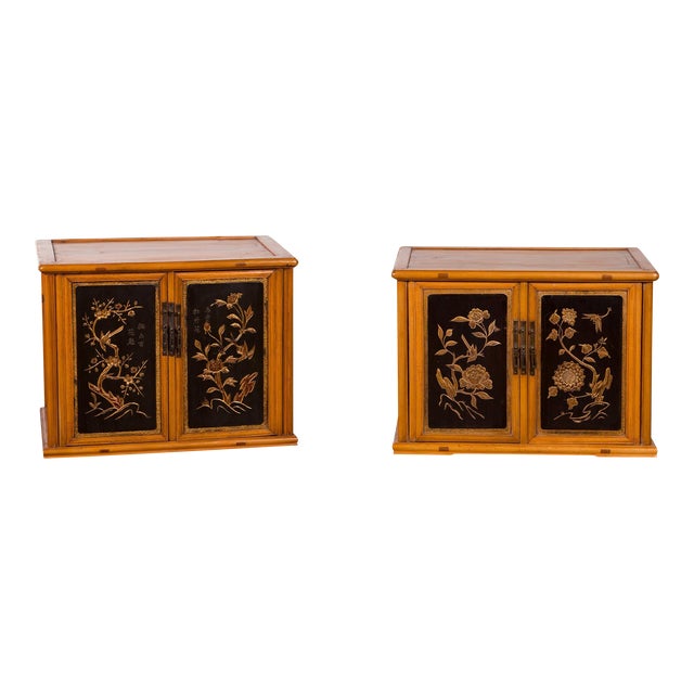 Two Chinese Qing Dynasty Fruitwood Side Cabinets with Carved Décor, Sold Each For Sale