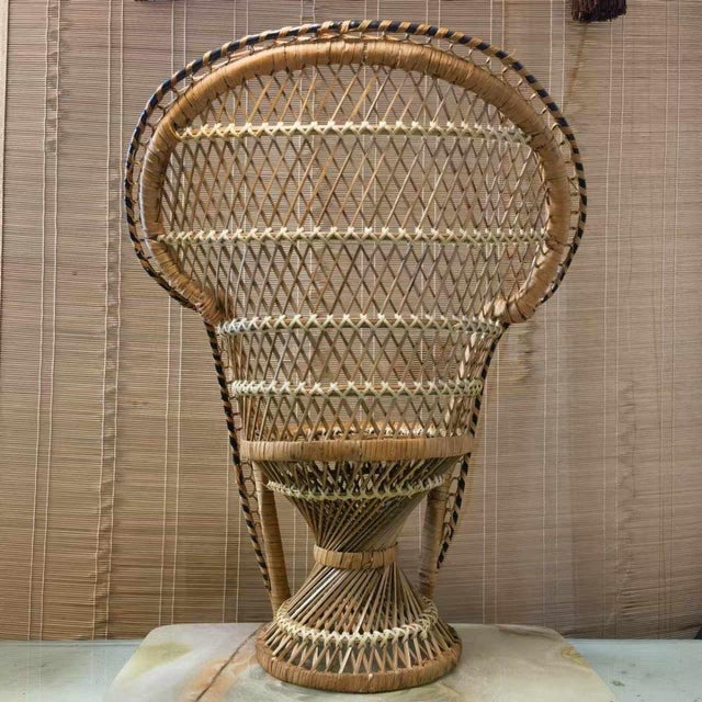 Vintage Japanese Hand-Woven Bamboo Peacock Chair Stand - Wabi Sabi Rattan Display Riser For Sale - Image 10 of 10