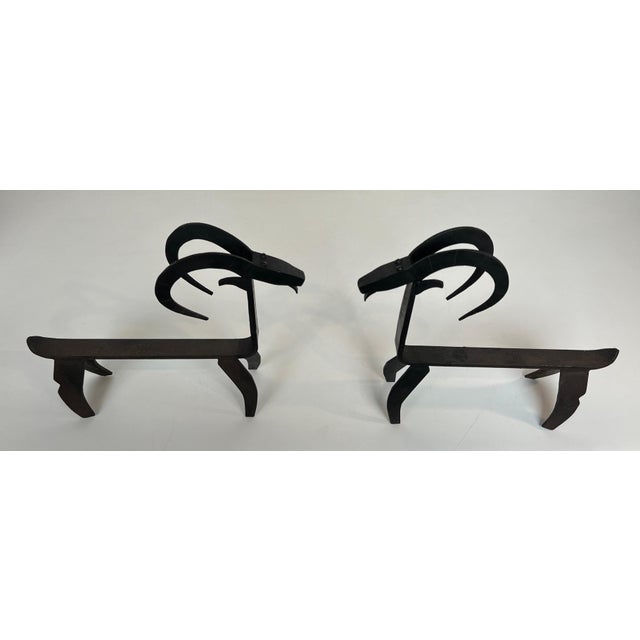 Mid-Century Modern Pair of Wrought Iron Andirons Representing a Goat in the Edouard Schenck Style For Sale - Image 3 of 12