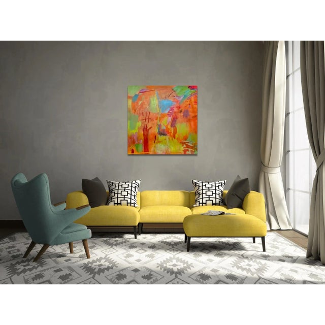 The work is in reds, oranges, greens and blues. This is a very bright and colorful painting. The hand in this painting...