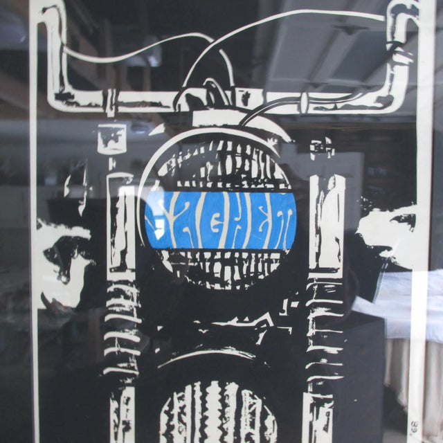 Modernist original screen print on paper of stylized motorcycle signed D. Dahlin and dated 1968. Newly mounted in...