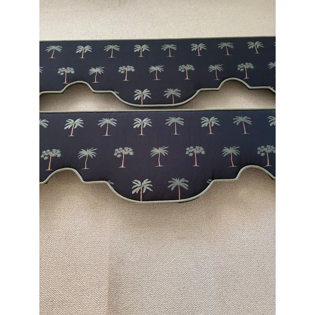Beautiful set of two custom-made window valances featuring a classic palm tree motif on a rich dark ground. These tailored...