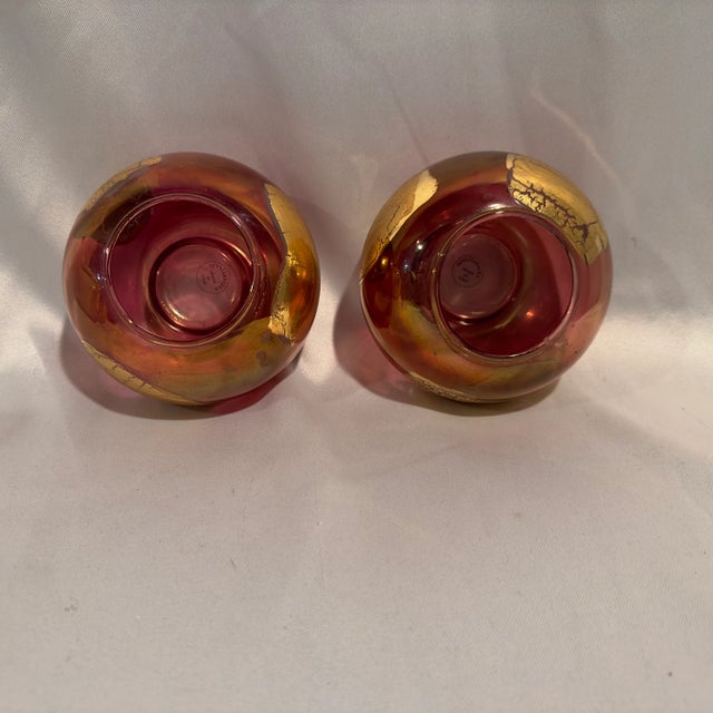 Contemporary Vintage Italian Cristallerie Ruby Glass Candle Holders Gold Leaf, Italy- Set of 2 For Sale - Image 3 of 3